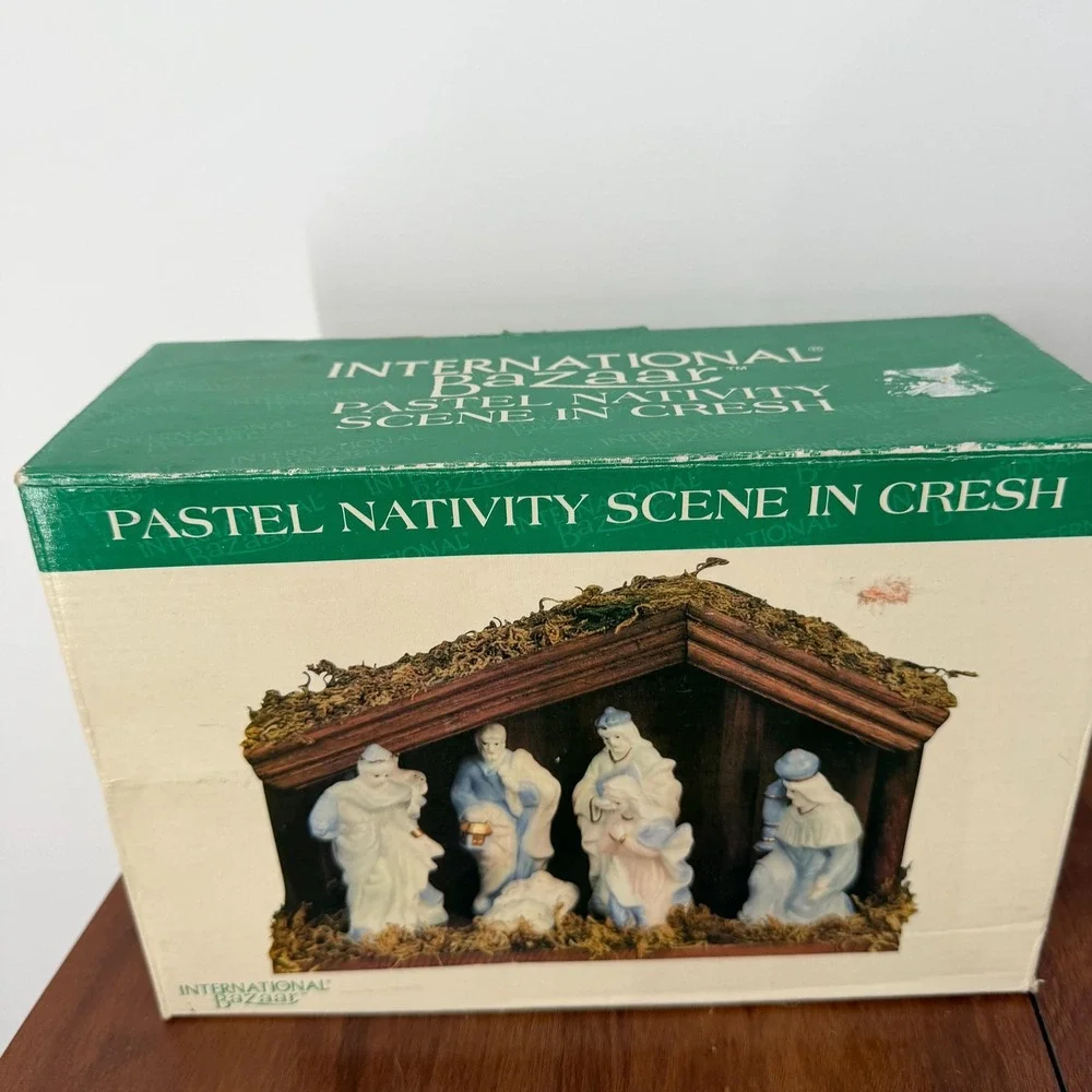 Pastel Porcelain Nativity Scene Wooden Stable Christmas Decor Holiday Display
